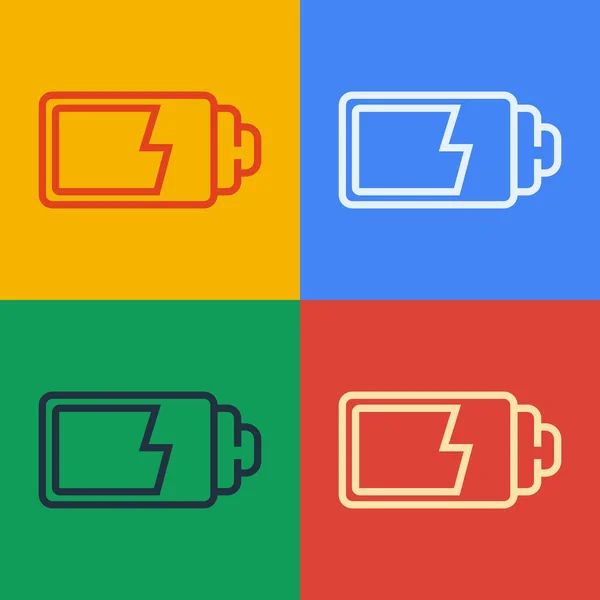 Pop-Art-Linie Batterieladungsanzeige-Symbol isoliert auf farbigem Hintergrund. Vektorillustration — Stockvektor