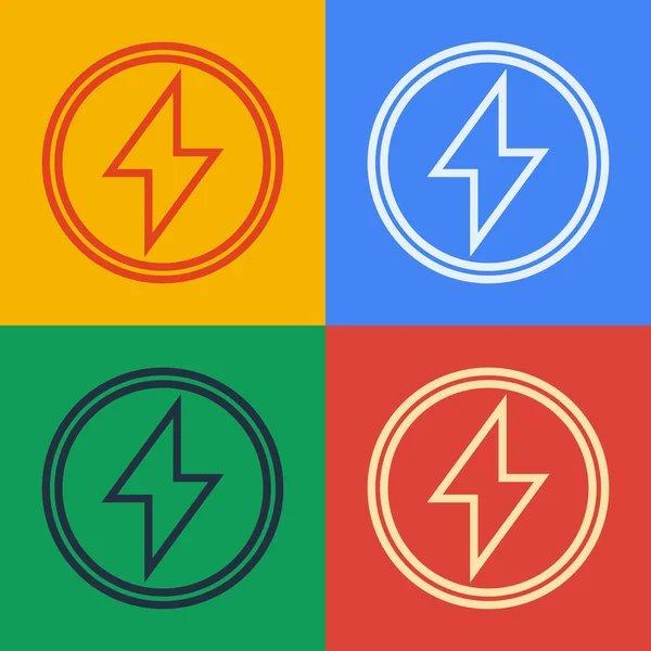 Pop art line Lightning bolt icon isolated on color background. Flash sign. Charge flash icon. Thunder bolt. Lighting strike. Vector Illustration — Stock Vector