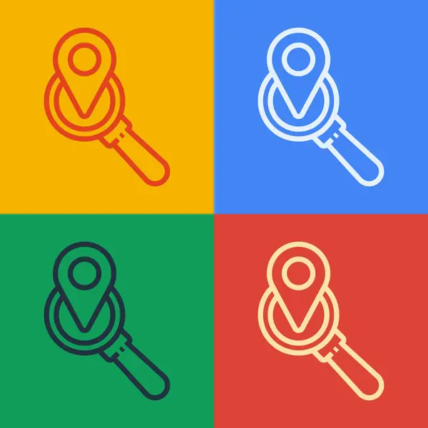Pop art line Search location icon isolated on color background. Magnifying glass with pointer sign. Vector Illustration — Stock Vector