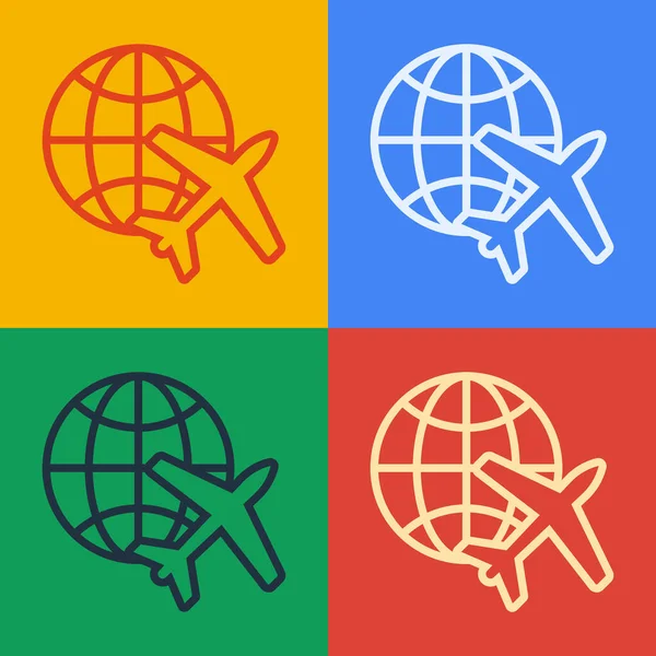 Pop-Art-Linie Globus mit fliegendem Flugzeug-Symbol auf farbigem Hintergrund. Flugzeuge umkreisen den Planeten Erde. Flugzeug-Ikone. Vektorillustration — Stockvektor