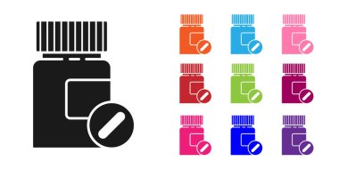 Siyah tıp şişe ve hap simgesi beyaz arka planda izole. Şişe hap işareti. Eczane tasarımı. Simgeler renkli ayarlayın. Vektör Illustration