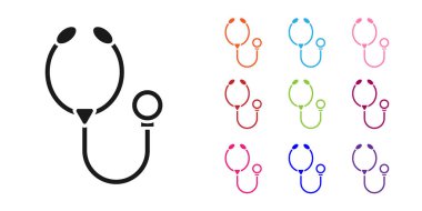 Siyah steteskop tıbbi araç simgesi beyaz arka planda izole edildi. Simgeleri renklendirin. Vektör İllüstrasyonu