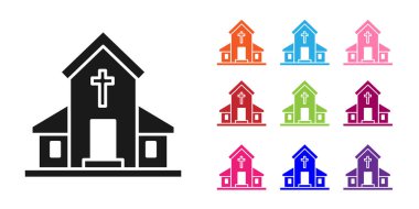 Siyah Kilise bina simgesi beyaz arka plan üzerinde izole. Hıristiyan Kilisesi. Kilise dini. Simgeleri renkli ayarlayın. Vektör İllüstrasyonu