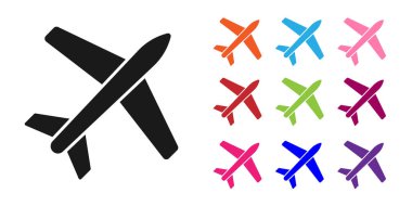 Siyah düzlem simgesi beyaz arka planda yalıtılmış. Uçan uçak simgesi. Airliner işareti. Simgeler renkli ayarlayın. Vektör Illustration