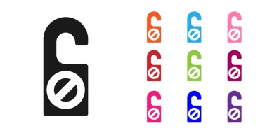 Siyah lütfen beyaz arkaplanda izole edilmiş simgeyi rahatsız etmeyin. Otel Kapısı Askısı Etiketleri. Simgeleri renklendirin. Vektör İllüstrasyonu