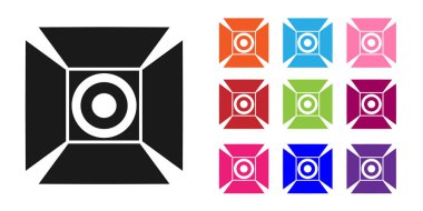 Siyah Film spot ışığı simgesi beyaz arkaplanda izole edildi. Işık efekti. Sahne, Stüdyo, Gösteri. Simgeleri renklendirin. Vektör İllüstrasyonu