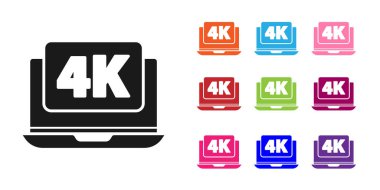 Beyaz zemin üzerinde 4k video teknolojisi simgesi olan siyah dizüstü bilgisayar ekranı. Simgeleri renklendirin. Vektör İllüstrasyonu