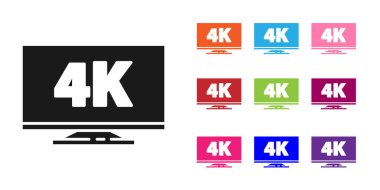 Beyaz zemin üzerinde 4k Ultra Hd video teknolojisi ikonu bulunan siyah ekran televizyon. Simgeleri renklendirin. Vektör İllüstrasyonu