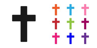 Siyah Hıristiyan haç simgesi beyaz arkaplanda izole edilmiş. Kilise haçı. Simgeleri renklendirin. Vektör İllüstrasyonu