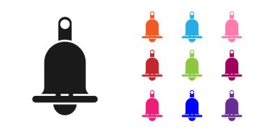 Beyaz arkaplanda siyah zil simgesi izole edildi. Alarm sembolü, servis zili, el zili işareti, uyarı sembolü. Simgeleri renklendirin. Vektör İllüstrasyonu