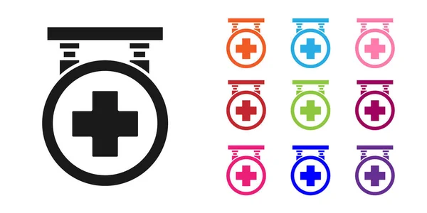 Schwarzes Krankenhaus-Schild-Symbol isoliert auf weißem Hintergrund. Setzen Sie Symbole bunt. Vektorillustration — Stockvektor