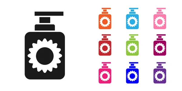 Bouteille de crème solaire noire icône isolée sur fond blanc. Protection de la peau contre les rayons ultraviolets solaires. Définir des icônes colorées. Illustration vectorielle — Image vectorielle