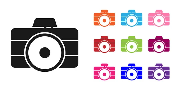 Schwarzes Fotokamera-Symbol isoliert auf weißem Hintergrund. Ikone der Fotokamera. Setzen Sie Symbole bunt. Vektorillustration — Stockvektor