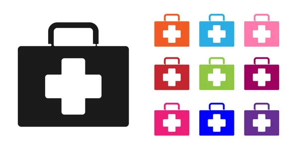 Black First aid kit icon isolated on white background. Medical box with cross. Medical equipment for emergency. Healthcare concept. Set icons colorful. Vector Illustration — Stock Vector