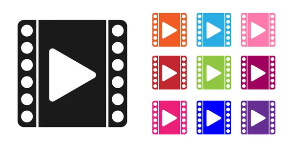 Negro Reproducir icono de vídeo aislado sobre fondo blanco. Señal de tira de película. Establecer iconos de colores. Ilustración vectorial — Archivo Imágenes Vectoriales
