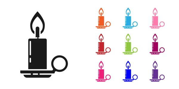 Vela Ardiente Negra en icono de candelero aislado sobre fondo blanco. Vara cilíndrica con llama ardiente. Establecer iconos de colores. Ilustración vectorial — Vector de stock