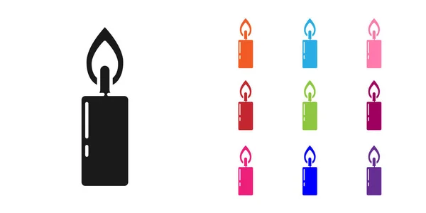 Black Burning Candle Symbol isoliert auf weißem Hintergrund. Zylindrischer Kerzenstock mit brennender Flamme. Setzen Sie Symbole bunt. Vektorillustration — Stockvektor