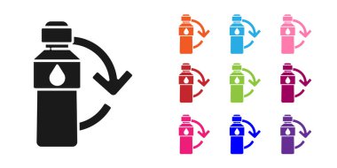 Siyah geri dönüşüm plastik şişe simgesi beyaz arkaplanda izole edilmiş. Simgeleri renklendirin. Vektör İllüstrasyonu