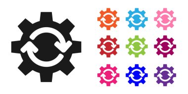 İş akışı konsepti simgesi olarak siyah dişli ve oklar beyaz arkaplanda izole edildi. Vites doldurma tabelası. Simgeleri renklendirin. Vektör İllüstrasyonu