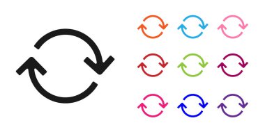 Siyah Yenileme simgesi beyaz arkaplanda izole edildi. Sembolü yeniden yükle. Döndürme okları daire işareti şeklinde. Simgeleri renklendirin. Vektör İllüstrasyonu