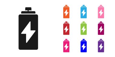 Siyah Batarya simgesi beyaz arkaplanda izole edildi. Şimşek sembolü. Simgeleri renklendirin. Vektör İllüstrasyonu