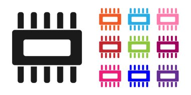 Beyaz zemin üzerinde mikro devre işlemci simgesi olan siyah bilgisayar işlemcisi. Devre kartlı çip ya da işlemci. Mikro işlemci. Simgeleri renklendirin. Vektör İllüstrasyonu