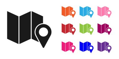 Beyaz arkaplanda konum belirleyici simgesi olan siyah katlı harita. Simgeleri renklendirin. Vektör İllüstrasyonu