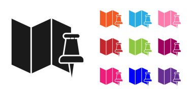 Beyaz zemin üzerinde iğne simgesi izole edilmiş siyah katlı harita. Simgeleri renklendirin. Vektör İllüstrasyonu