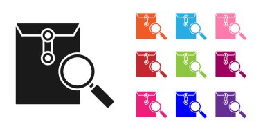 Beyaz arkaplanda izole edilmiş büyüteç simgesi olan siyah zarflı posta. Simgeleri renklendirin. Vektör İllüstrasyonu