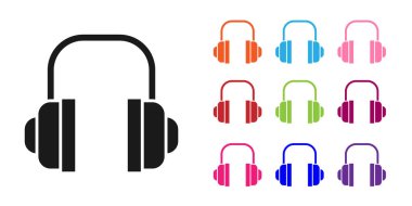 Siyah kulaklık simgesi beyaz arkaplanda izole edilmiş. Müşteri hizmetleri, yardım hattı, çağrı merkezi, faq, bakım. Simgeleri renklendirin. Vektör İllüstrasyonu