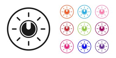 Siyah düğme seviyesindeki teknoloji ayarları simgesi beyaz arkaplanda izole edildi. Ses tuşu, ses kontrolü, analog regülatör. Simgeleri renklendirin. Vektör İllüstrasyonu