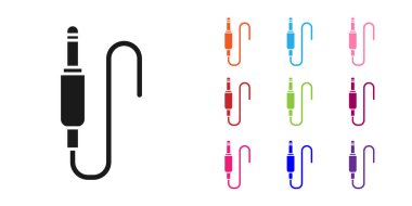 Siyah Ses Jack simgesi beyaz arkaplanda izole edildi. Bağlantı ses ekipmanları için ses kablosu. Fiş kablosu. Müzik aleti. Simgeleri renklendirin. Vektör İllüstrasyonu