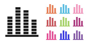 Siyah Müzik eşitleyici simgesi beyaz arkaplanda izole edildi. Ses dalgası. Ses dijital dengeleyici teknolojisi, konsol paneli, nabız müzikali. Simgeleri renklendirin. Vektör İllüstrasyonu