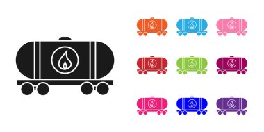 Siyah Petrol Sarnıç simgesi beyaz arka planda izole edildi. Tren vagonundaki petrol tankı. Demiryolu nakliyesi. Petrol endüstrisi. Simgeleri renklendirin. Vektör İllüstrasyonu