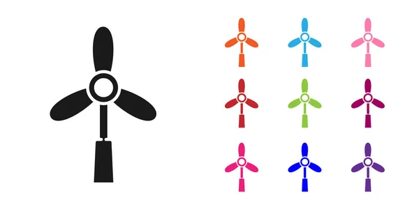 Schwarzes Windrad-Symbol isoliert auf weißem Hintergrund. Windgenerator-Schild. Windmühle für die Stromerzeugung. setzen Symbole bunt. Vektorillustration — Stockvektor