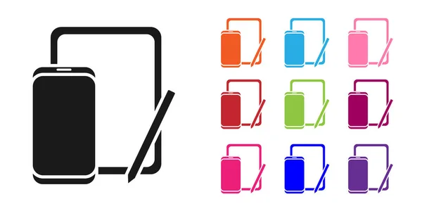 Schwarzes Smartphone, Handy und Grafik-Tablet-Symbol isoliert auf weißem Hintergrund. Setzen Sie Symbole bunt. Vektorillustration — Stockvektor