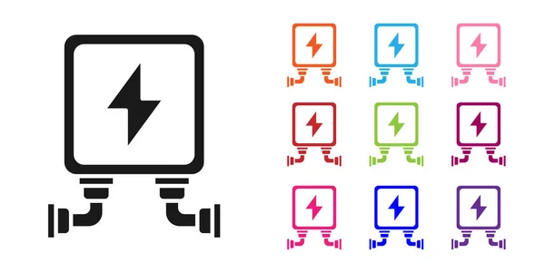 Ícone de transformador elétrico preto isolado no fundo branco. Definir ícones coloridos. Ilustração vetorial —  Vetores de Stock