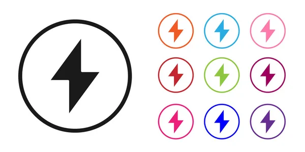 Schwarzes Blitz-Symbol auf weißem Hintergrund. Blitzzeichen. Ladung Flash-Symbol. Donnerkeil. Lichtstreik. setzen Symbole bunt. Vektorillustration — Stockvektor