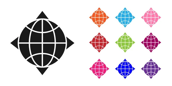 Schwarze Weltkugel mit Kompasssymbol auf weißem Hintergrund. Setzen Sie Symbole bunt. Vektorillustration — Stockvektor