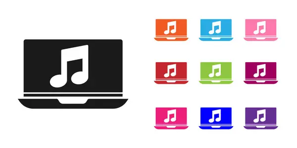 Laptop preto com símbolo de nota de música no ícone de tela isolado no fundo branco. Definir ícones coloridos. Ilustração vetorial — Vetor de Stock
