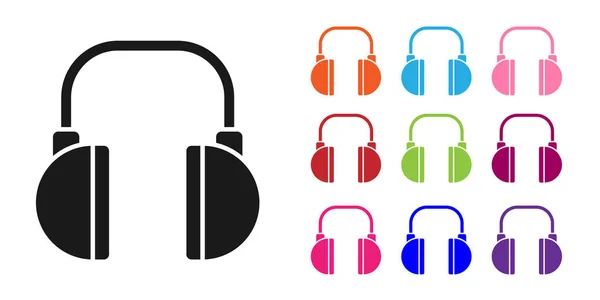 Fones de ouvido preto ícone isolado no fundo branco. Fones de ouvido. Conceito para ouvir música, serviço, comunicação e operador. Definir ícones coloridos. Ilustração vetorial —  Vetores de Stock