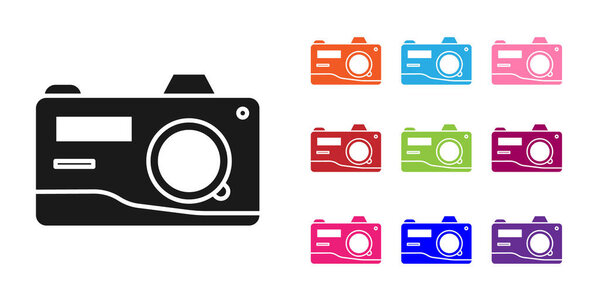 Black Photo camera icon isolated on white background. Foto camera icon. Set icons colorful. Vector Illustration