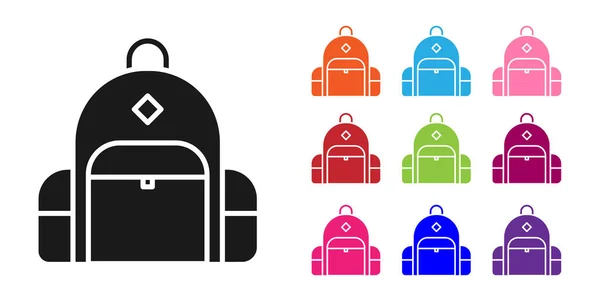 Schwarzes Wanderrucksack-Symbol isoliert auf weißem Hintergrund. Camping- und Bergwanderrucksack. setzen Symbole bunt. Vektorillustration — Stockvektor