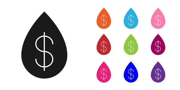 Goutte d'huile noire avec icône symbole dollar isolé sur fond blanc. Définir des icônes colorées. Illustration vectorielle — Image vectorielle