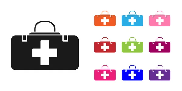 Black First aid kit icon isolated on white background. Medical box with cross. Medical equipment for emergency. Healthcare concept. Set icons colorful. Vector Illustration — Stock Vector