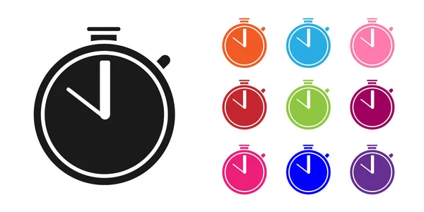 Zwarte Stopwatch pictogram geïsoleerd op witte achtergrond. Tijdklok teken. Chronometerteken. Stel pictogrammen kleurrijk. Vector Illustratie — Stockvector