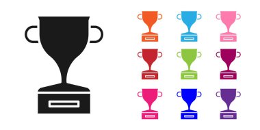 Beyaz arka planda siyah ödül kupa simgesi izole. Galibiyet ödülü sembolü. Şampiyonluk ya da yarışma kupası. Spor başarısı işareti. Simgeleri renklendirin. Vektör İllüstrasyonu