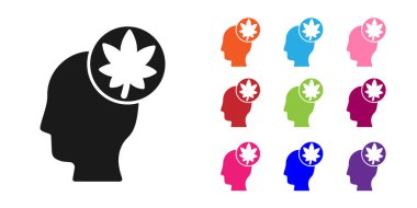 Beyaz arka planda yaprak ikonu olan siyah insan kafası. Simgeleri renklendirin. Vektör İllüstrasyonu