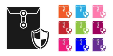 Beyaz arkaplanda izole edilmiş siyah zarflı kalkan simgesi. Sigorta konsepti. Güvenlik, güvenlik, koruma, konsept koruma. Simgeleri renklendirin. Vektör İllüstrasyonu