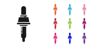 Siyah Pipette simgesi beyaz arkaplanda izole edildi. Tıbbi elementler, kimya laboratuarı ekipmanları. Tıp sembolü. Simgeleri renklendirin. Vektör İllüstrasyonu